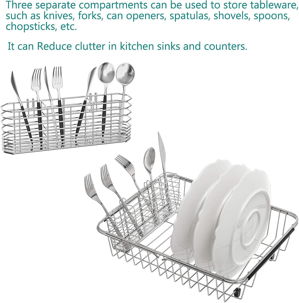 304 Stainless Steel Utensil Holder, Dish Drying Rack, Kitchen Utensil Organizer, Knife and Fork Drainage Rack, Kitchen Drainage Basket Accessories, with Hooks, Rust Proof, Color-Silver