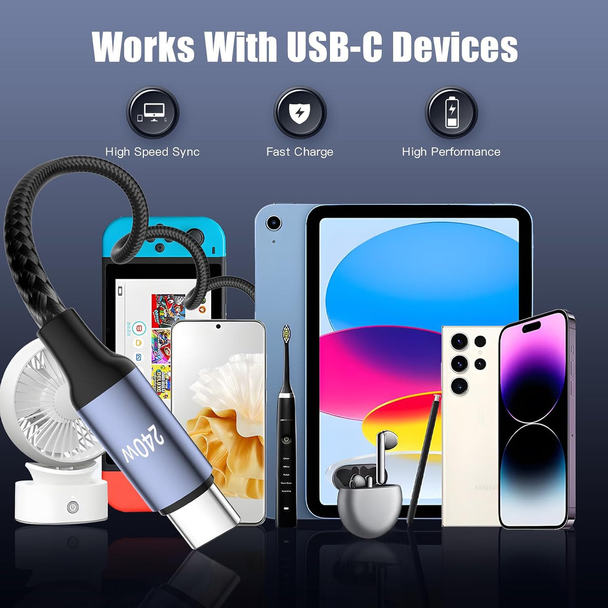240W USB C to USB C Cable Coiled, Braided Type C Charger for Car