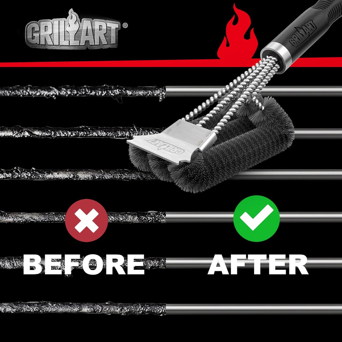 Grill Brush, 18'' Extra-Strong Handle, BBQ Cleaner with Scraper
