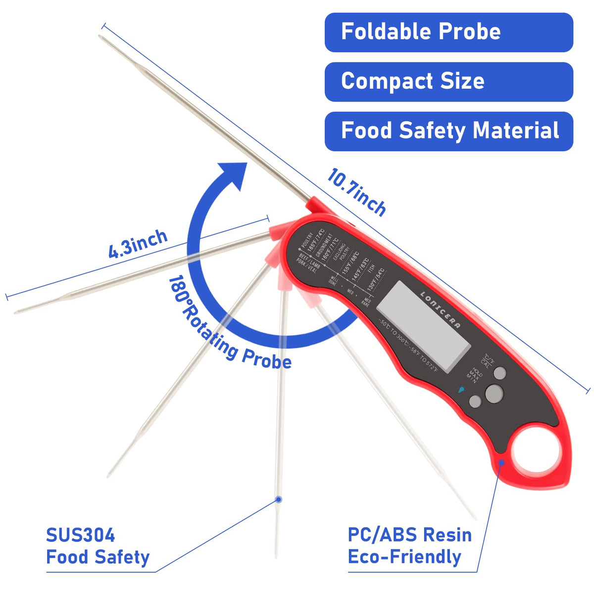 Digital Meat Thermometer, 1-2 S Instant Read, Foldable Probe, Red