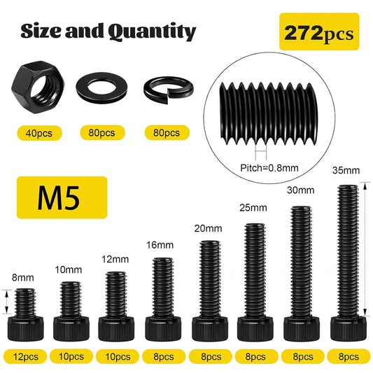 272PCS M5 Socket Screws Assortment Kit, M5X8/10/12/16/20/25/30/35 Mm