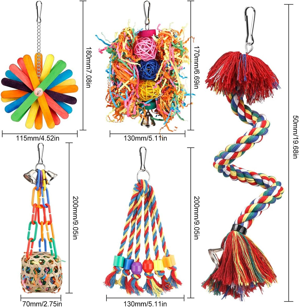 Bird Toys Rope Perch with Bell Colorful Bird Chewing Shredding Foraging Toys Parrot Swing Climbing Standing Hanging Toys Cage Accessories for Conure Cockatiel Budgies Lovebird