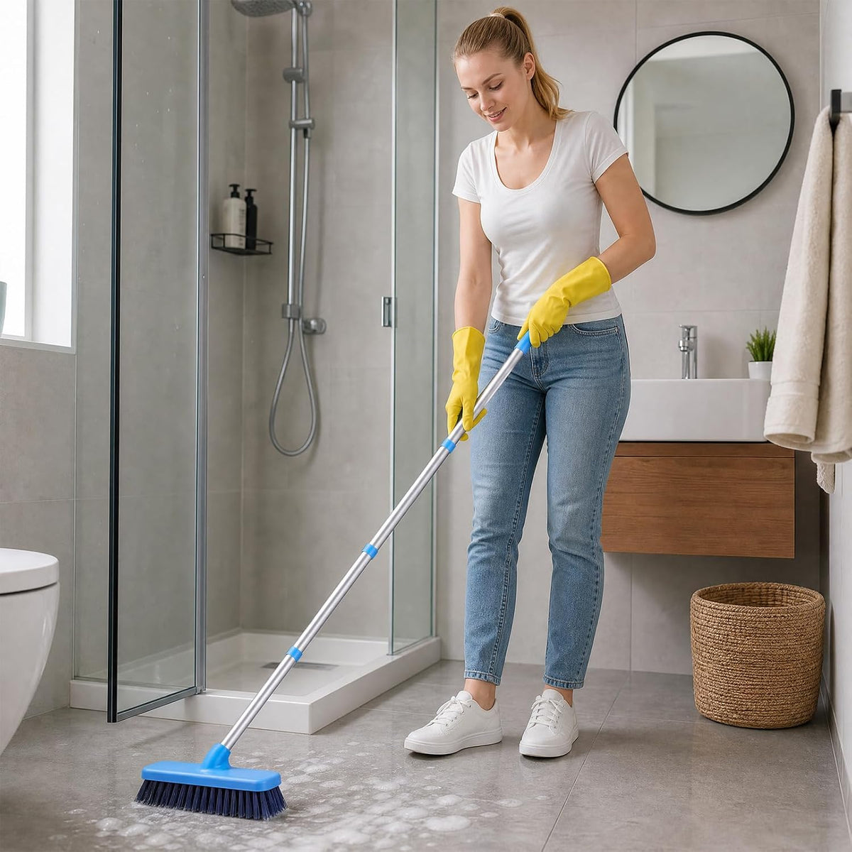 Deck Scrub Brush with Long Handle for Indoor and Outdoor Cleaning