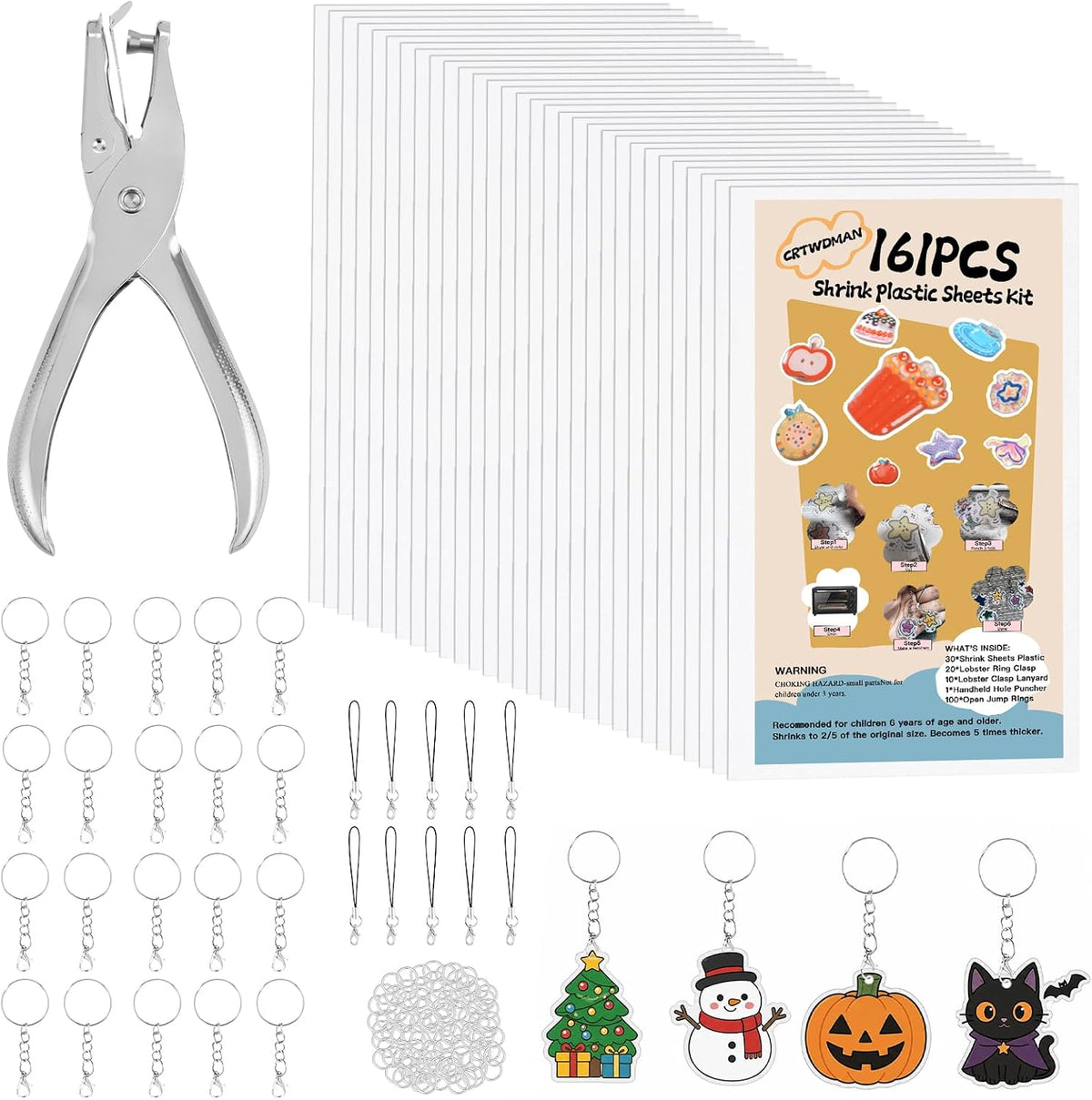 161 Pcs Shrink Paper Keychain Kit,30 Shrink Plastic Sheets for Kids