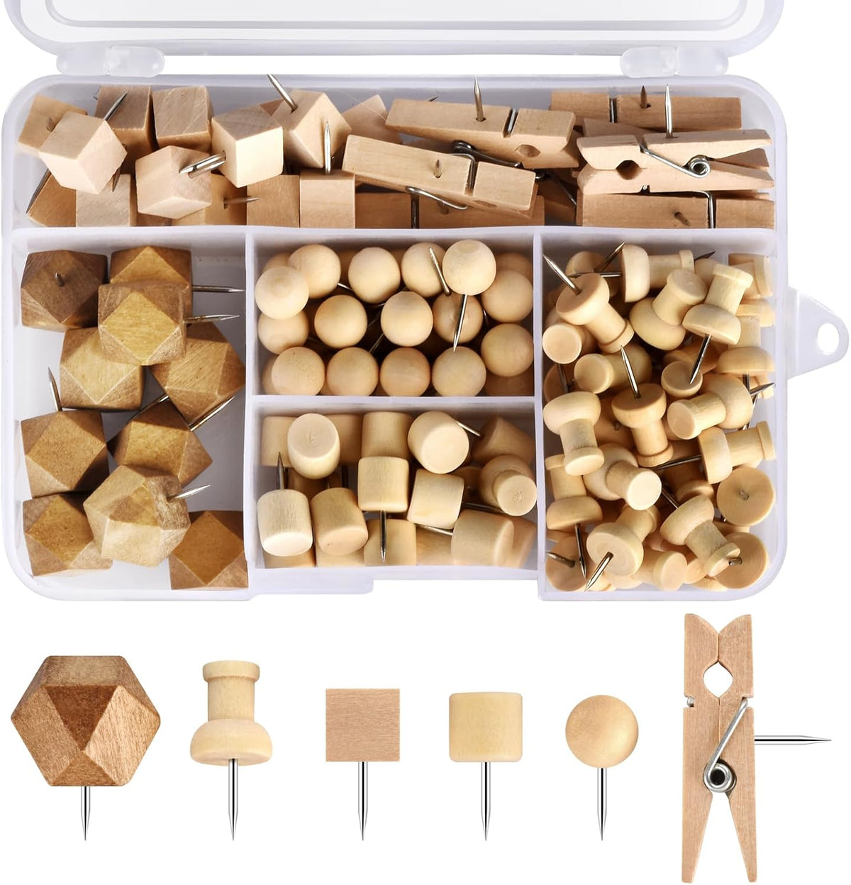 128Pcs Wood Push Pins, Thumb Tacks for Decorative, Wooden Pins and Tacks, Cork Board Thumbtacks, Cute Thumbtack for Wall and Bulletin Board, Map Pins