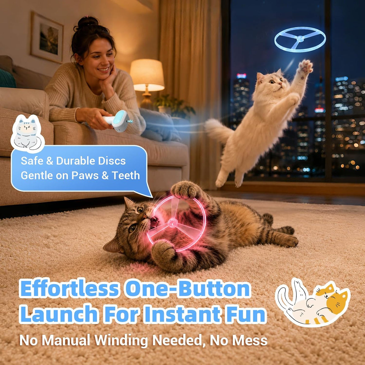 Cat Fetch Toy with Flying Disc Launcher, Rechargeable & Large-Capacity