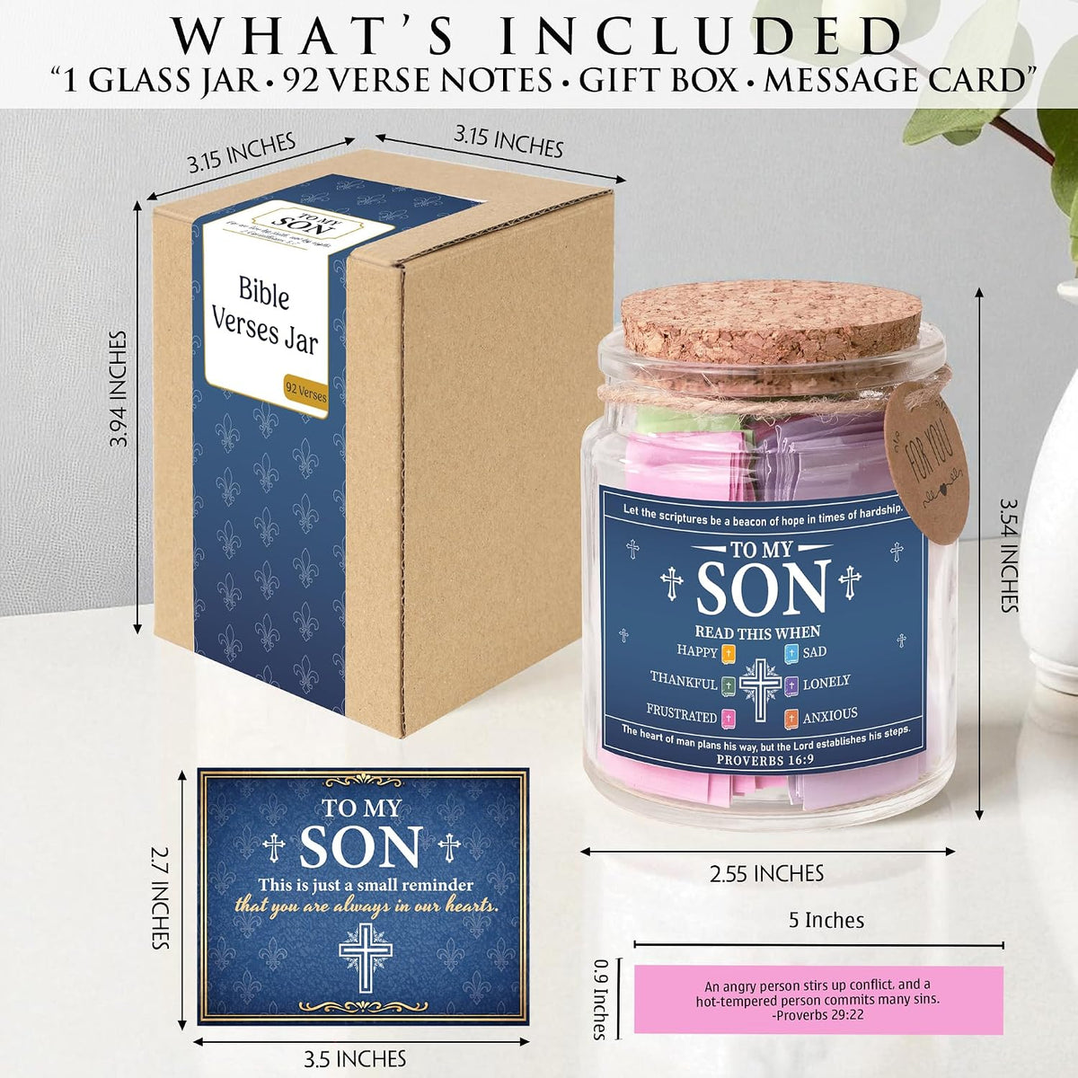 Bible Verses Jar for Son – 92 Scripture Cards, Open When You Feel Happy Sad Anxious or Lonely, Meaningful Christian Gift for Son, Birthday Graduation Easter Gift from Parents