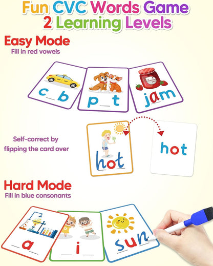 CVC Word Writing & Spelling Flash Cards, Kindergarten Reading Workbooks