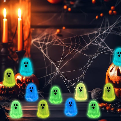 100Pcs Halloween Mini Ghosts Figures, Luminous Small Little Resin Ghost Figurines to Hide Glow in the Dark Tiny Statue for Halloween Party Favors Dollhouse Decorations Toys