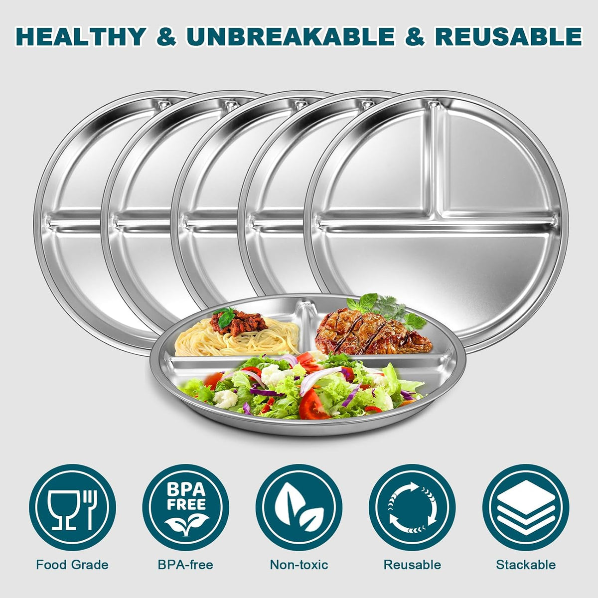 Stainless Steel Toddler Plate Set of 6, 9" Portion Control Plates Divided Plate for Adults Kids Balance Lunch, Non Slip | Unbreakable Toddler Baby Feeding Set Dishwasher Safe