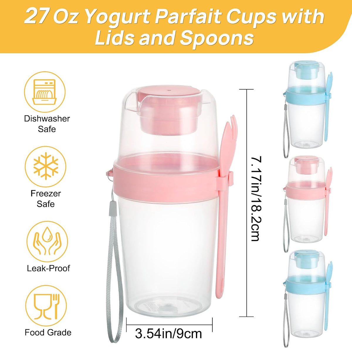 Yogurt Parfait Cups, 4 Pack, 27Oz, with Lids & Spoons