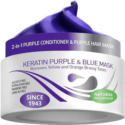 Keratin Purple Hair Mask - Blue Hair Mask Deep Conditioner Treatment - Blonde Toner to Neutralize Brassiness in Brassy Blonde, Silver, White, Gray & Brown Locks