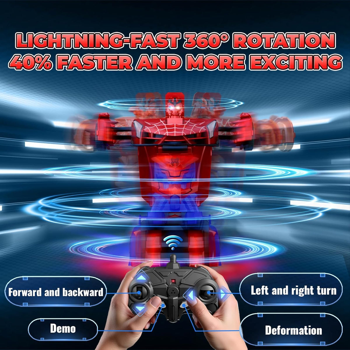 Spider Transform RC Cars Toys with Eye & Underbody Lights, 2.4Ghz Remote Control Car One-Button Deformation, Fast 360°Rotation Robot Toys Birthday Gifts for 3 4 5 6 7 8 9 10 Year Old Boys Age 4-7 8-12
