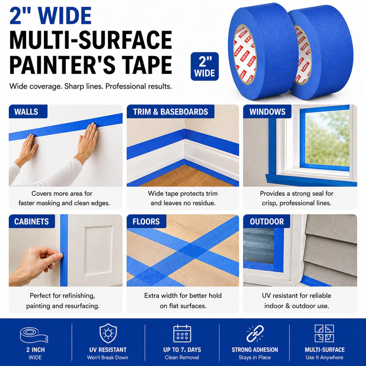 Blue Painters Tape 2 Inch X 55 Yards, 2 Rolls (110 Yards Total), Blue Masking Tape for Painting, Clean Removal Multi-Surface Paint Tape for Walls, Trim, DIY & Crafts
