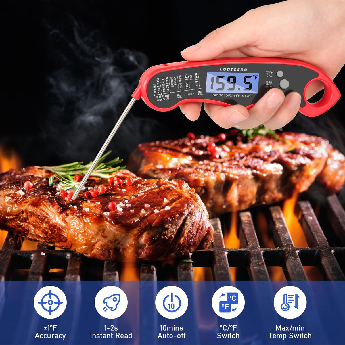 Digital Meat Thermometer, 1-2 S Instant Read, Foldable Probe, Red