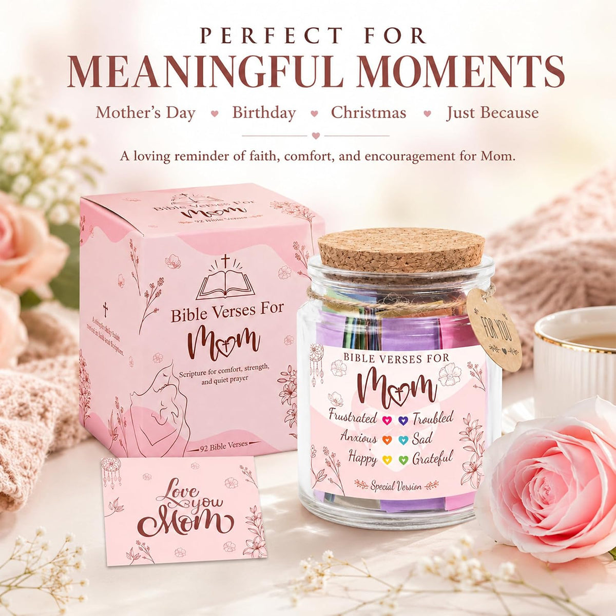 Bible Verse Jar for Mom – 92 Color-Coded Bible Verse, Birthday Gifts for Mom, Christian Gifts for Mom