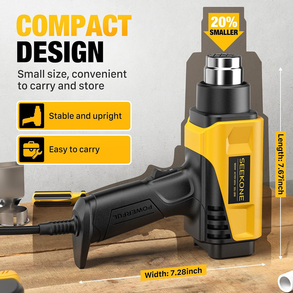 1800W Compact Heat Gun 122℉-1202℉ Variable Temp for Crafting