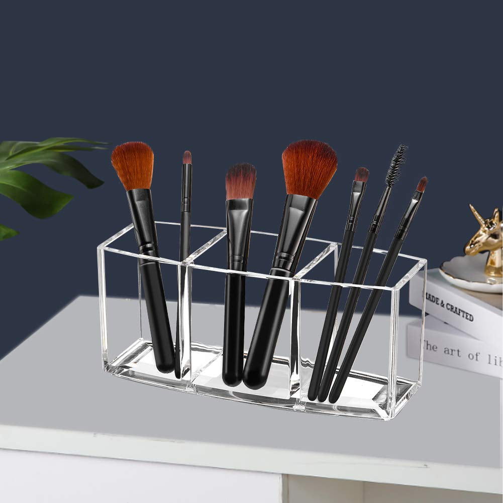 Acrylic Makeup Brush Organizer Holder Clear Cosmetic Brushes Storage with 3 Slots