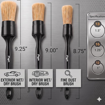 Car Detailing Brush Set for Interior or Exterior | 3-Pack | Ultra Soft Boars Hair Bristles