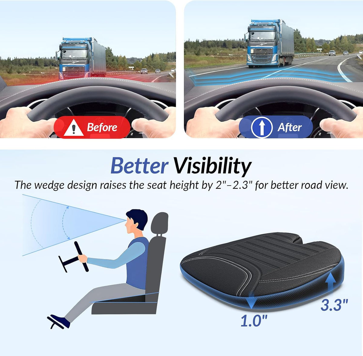 Wedge Car Seat Cushion for Tailbone Pain Relief & Better Visibility, Ergonomic Memory Foam Seat Cushion for Car with Breathable Channel Design, Fits Car, SUV, Truck, Non-Slip Mesh Cover