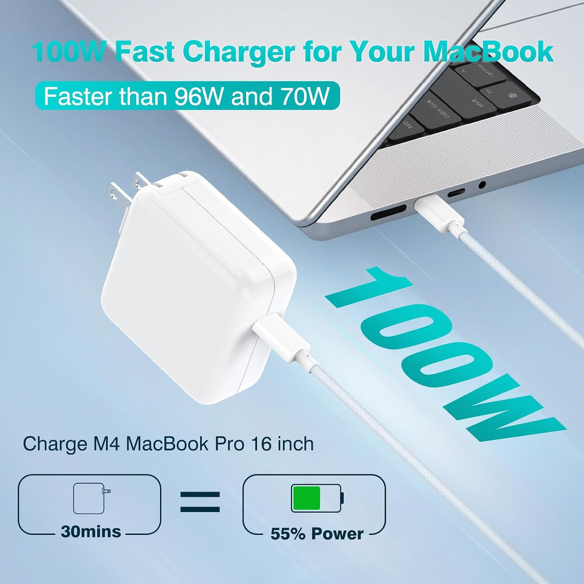 Charger for Macbook Pro 16 14 Inch Macbook Air 15 13 Inch 2025 2024 2023 2022 2021 2020 2019 M4 M3 M2 M1, Super Compact 100W USB C Laptop Power Adapter, 6.6FT USB-C Braided Cable, Original Quality