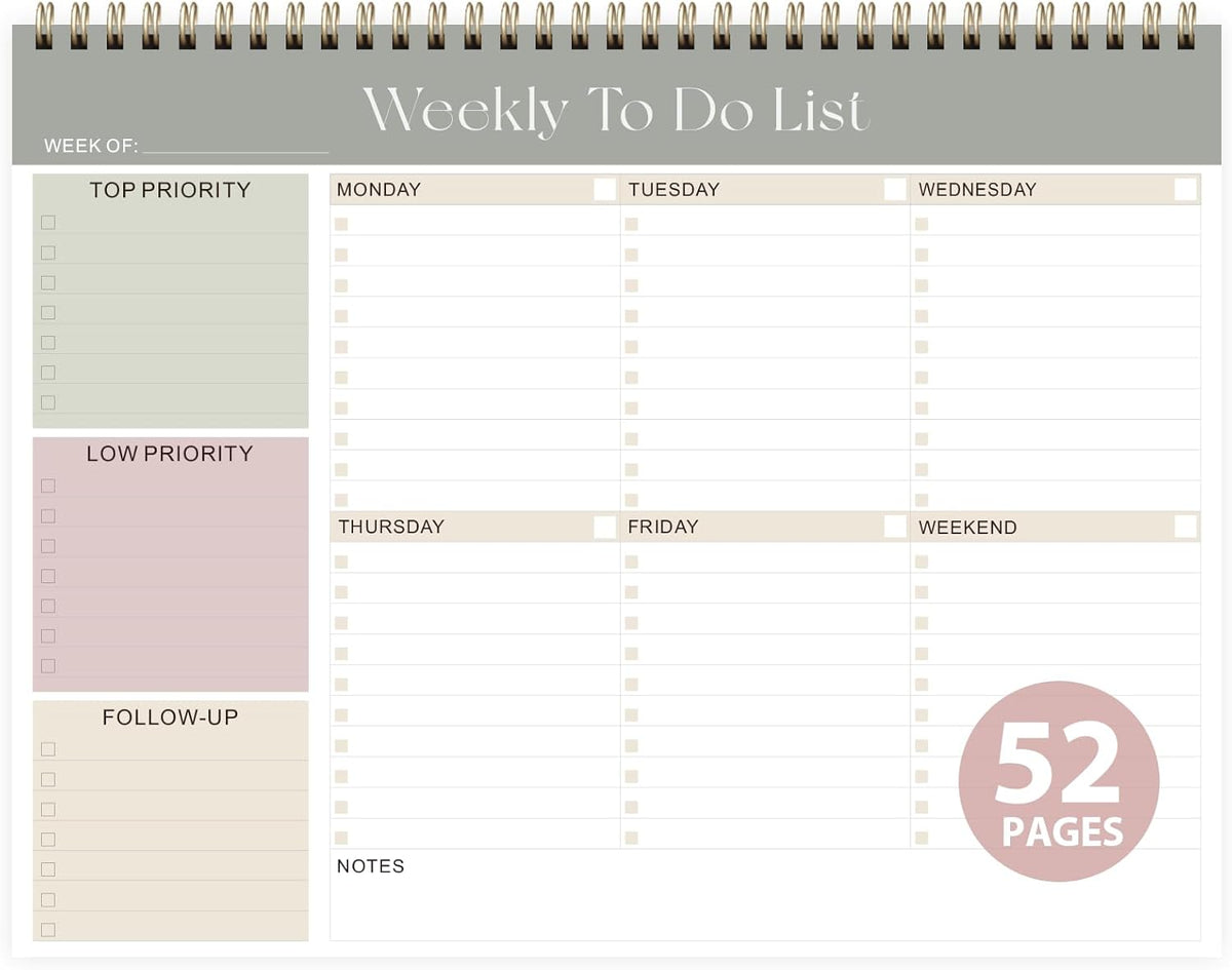 Weekly to Do List Notepad, Undated Planner with 52 Sheets (8.5''X11'')