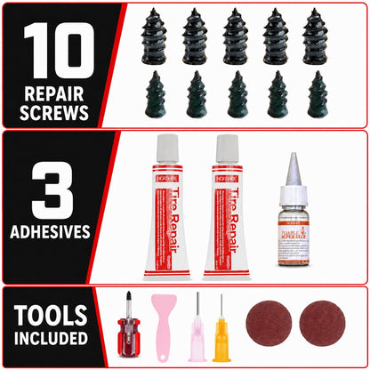 Tire Repair Screw Kit, 10 Self-Sealing Screw-In Tire Plugs with Screwdriver and 3 Repair Adhesives, Quick Tubeless Tire Puncture Repair for Car, Motorcycle, Truck, ATV and Tractor