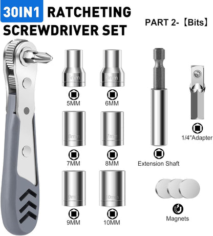 30In1 Right Angle Screwdriver, 36-Tooth Mini Ratchet Wrench