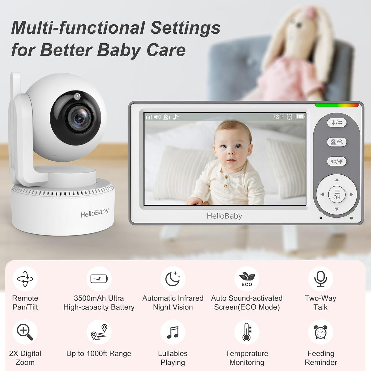 4.3'' Video Baby Monitor No Wifi, 30 Hours Battery
