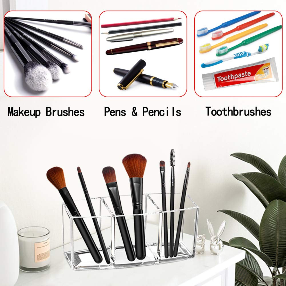 Acrylic Makeup Brush Organizer Holder Clear Cosmetic Brushes Storage with 3 Slots
