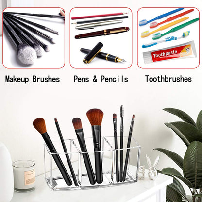Acrylic Makeup Brush Organizer Holder Clear Cosmetic Brushes Storage with 3 Slots
