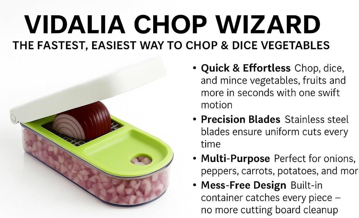 Vegetable Chopper – Original as Seen on TV Food Dicer with 2 Stainless Steel Blades, Large 2-Cup Container, Cleaning Tool, Dishwasher Safe Onion & Vegetable and Fruit Cutter