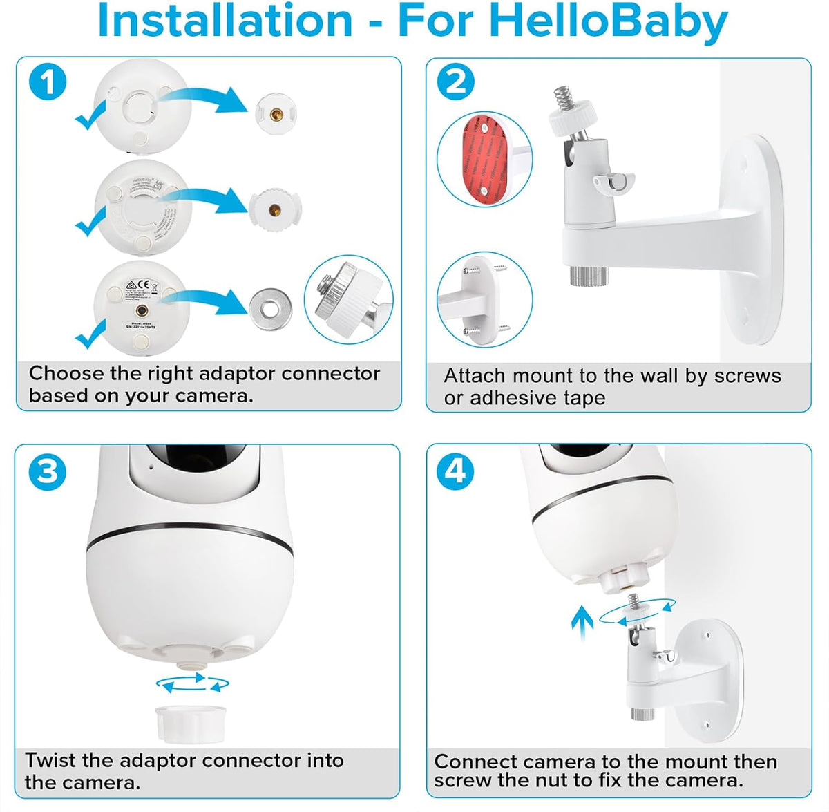 Adjustable Baby Monitor Mount for Hellobaby HB6550/ HB6560/ HB6240/ HB6148/ HB6339/ HB66/ HB65/ HB40, ANMEATE 549/SM935E, Universal Baby Monitor Wall Mount with Perfect View and Easy to Install
