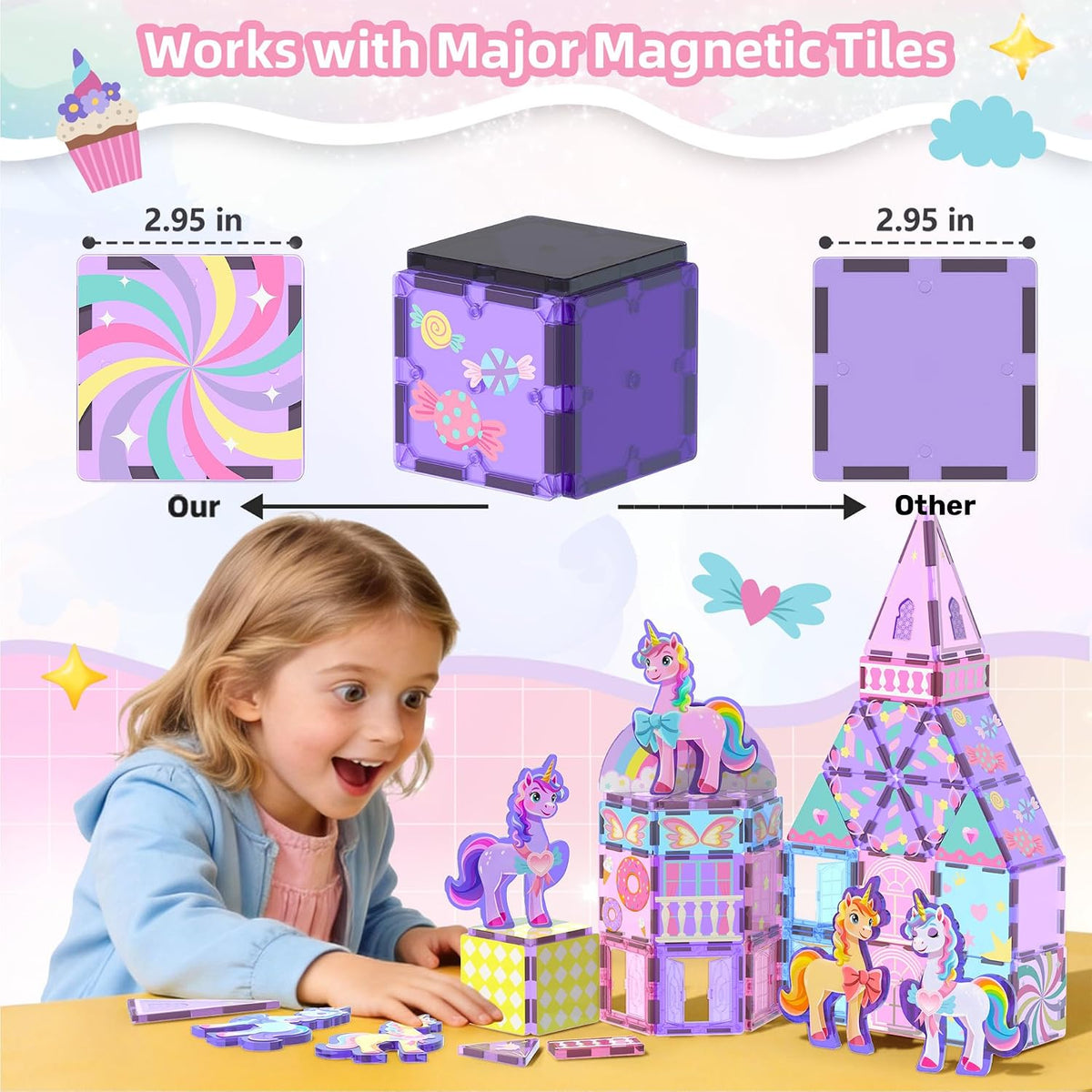 100PCS Magnetic Tiles Unicorn Toys Building Set with 6 Unicorns