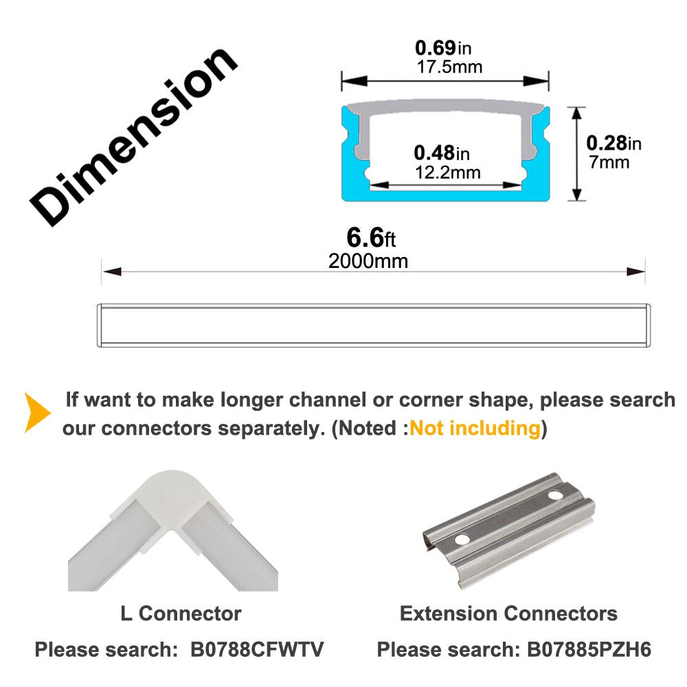 10-Pack 6.6Ft/ 2Meter U Shape LED Aluminum Channel System with Milky Cover, End Caps and Mounting Clips, Aluminum Profile for LED Strip Light Installations, Very Easy Installation