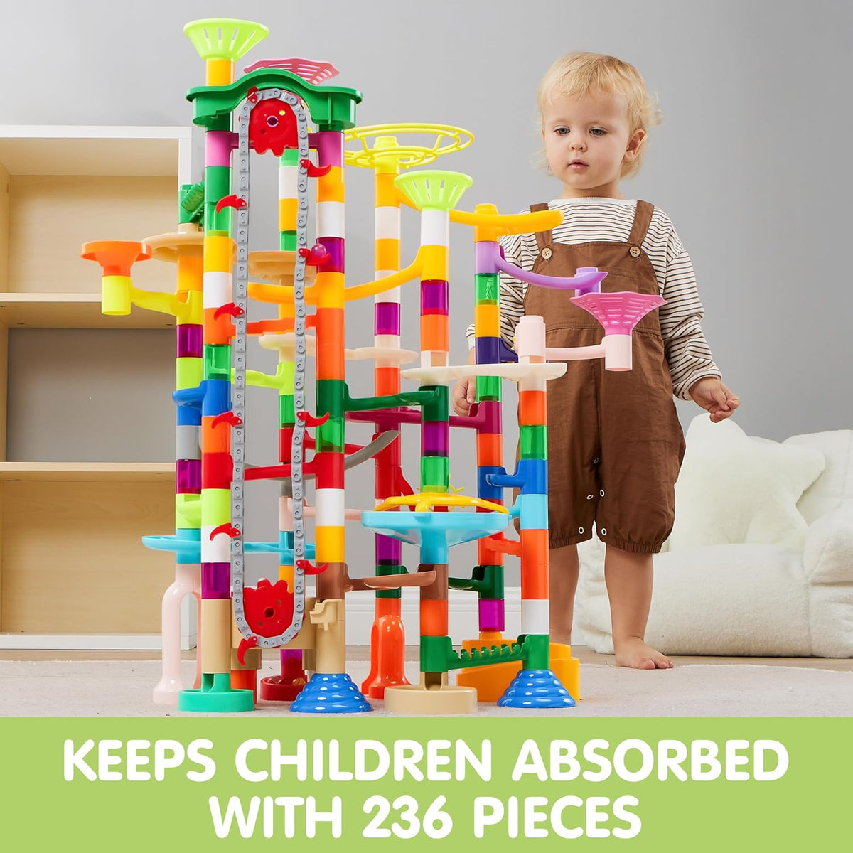 236Pcs Glowing Marble Run with Motorized Elevator- Construction Building Blocks Toys with 30 Glow in the Dark Plastic Marbles, STEM Toy for Boys and Girls, Christmas Birthday Gifts