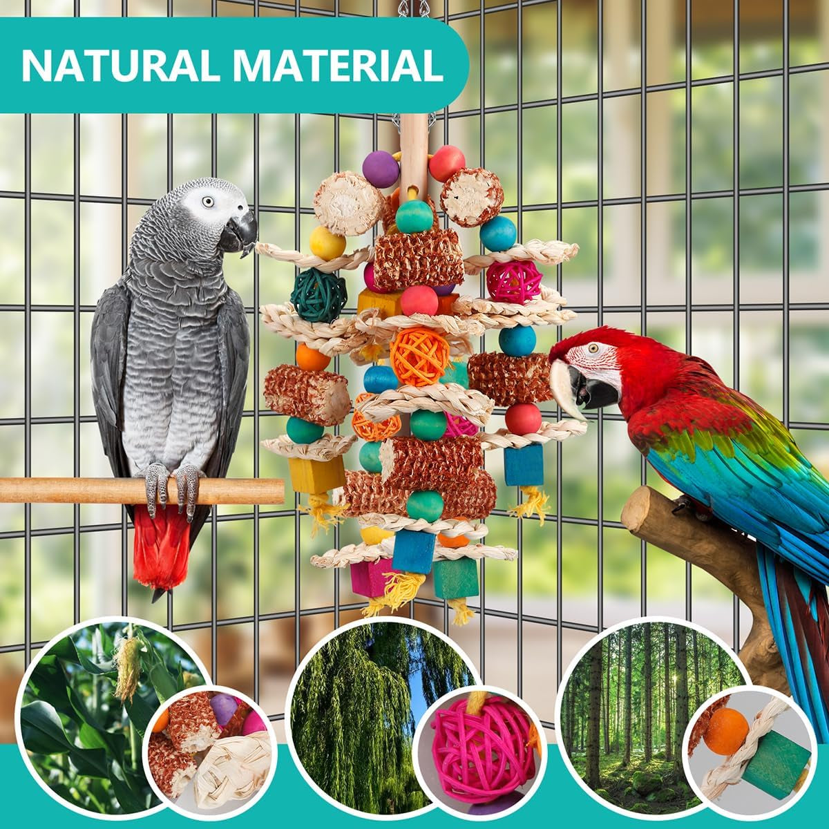 Parrot Toys Bird Toys Natural Corn Cob Bird Chew Toys for Small and Medium-Sized Macaws,African Grey,Cockatoos,Amazon Parrots,Parakeet,Cockatiel,Sun Conure, Lovebird with Wooden Blocks