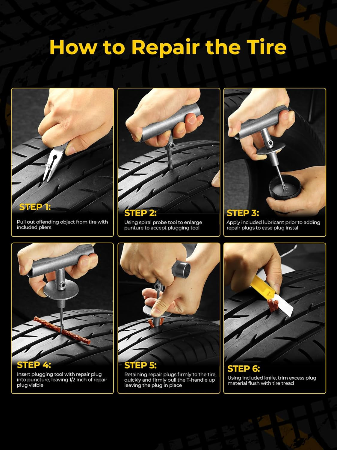Flat Tire Repair Kit 15Pcs, Heavy Duty Tire Plug Kit to Fix Puncture