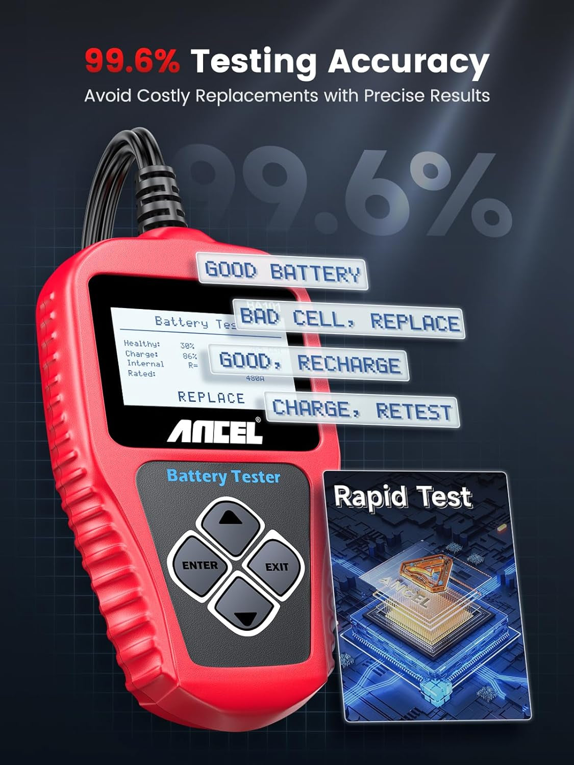 BA101 Car Battery Tester, 12V Digital Automotive Alternator Meter Diagnostic Tool,100-2000 CCA Load Capacity, Charging & Cranking Analyzer for Truck, Boat, RV, Marine Vehicle, and More