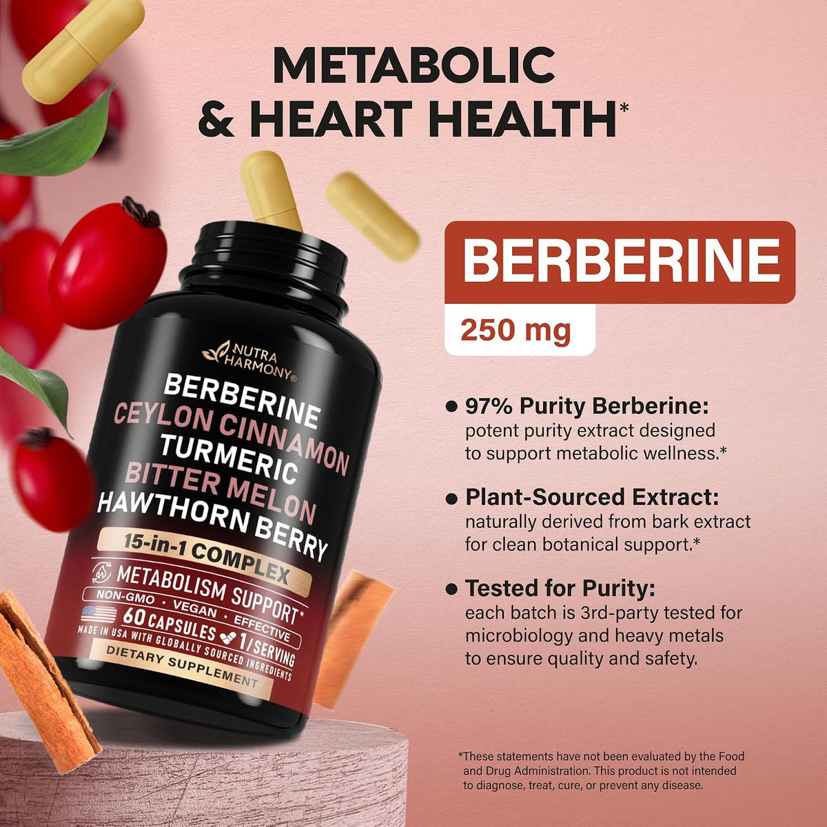 Berberine with Ceylon Cinnamon, Bitter Melon, Hawthorn & Turmeric, 60 Caps