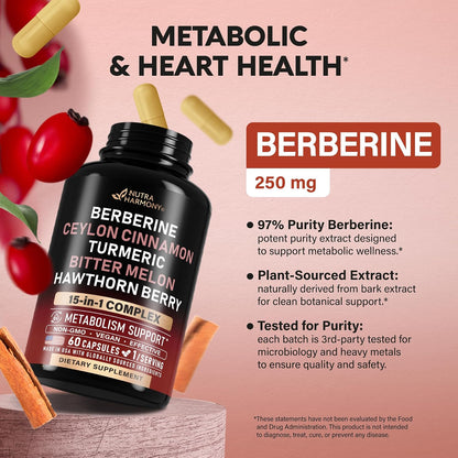 Berberine with Ceylon Cinnamon, Bitter Melon, Hawthorn & Turmeric, 60 Caps