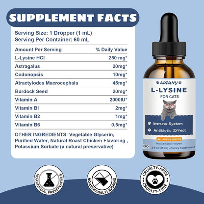 L-Lysine for Cats, Immune, Respiratory, Eye Function Support, 60ML