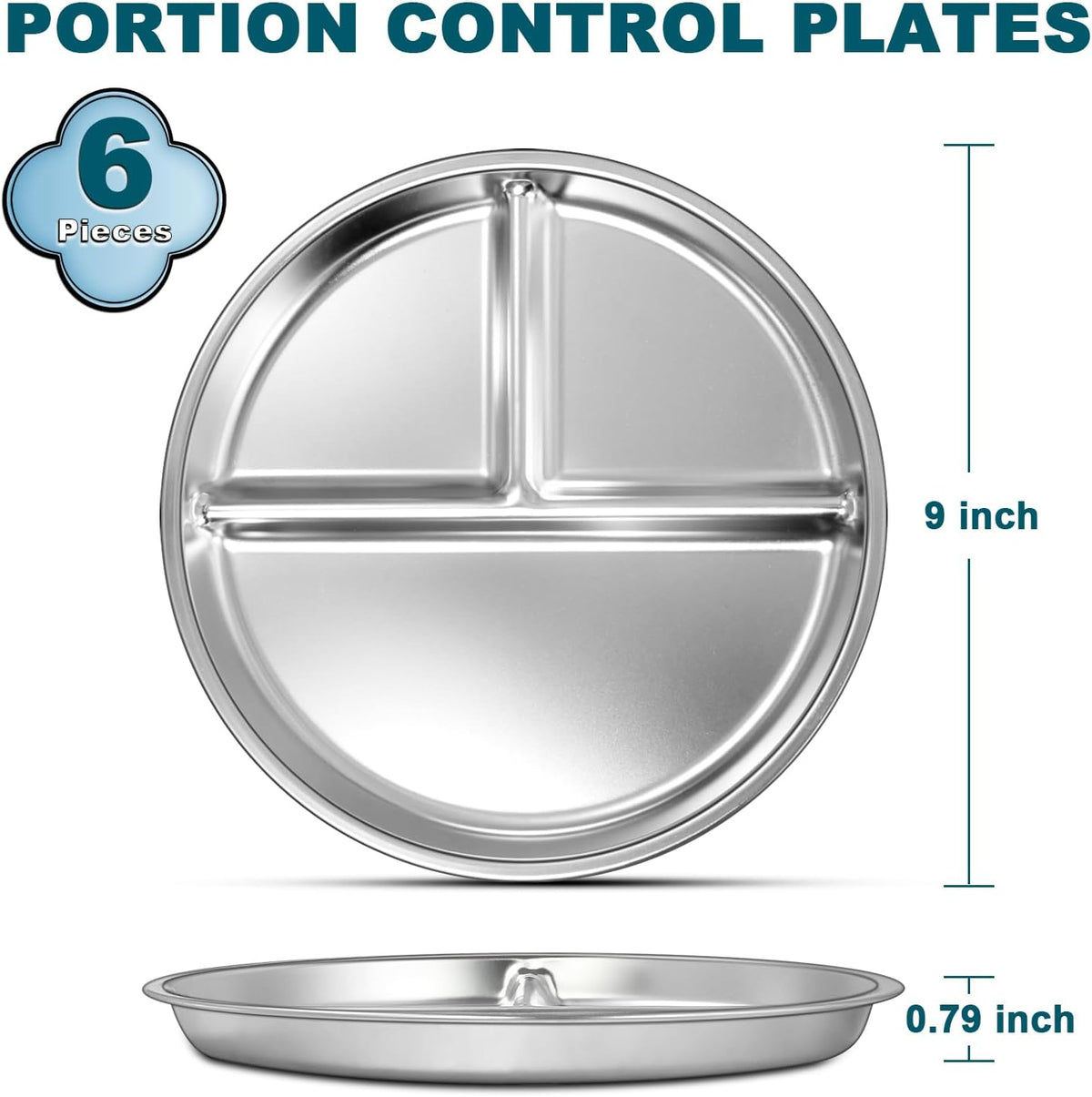Stainless Steel Toddler Plate Set of 6, 9" Portion Control Plates Divided Plate for Adults Kids Balance Lunch, Non Slip | Unbreakable Toddler Baby Feeding Set Dishwasher Safe