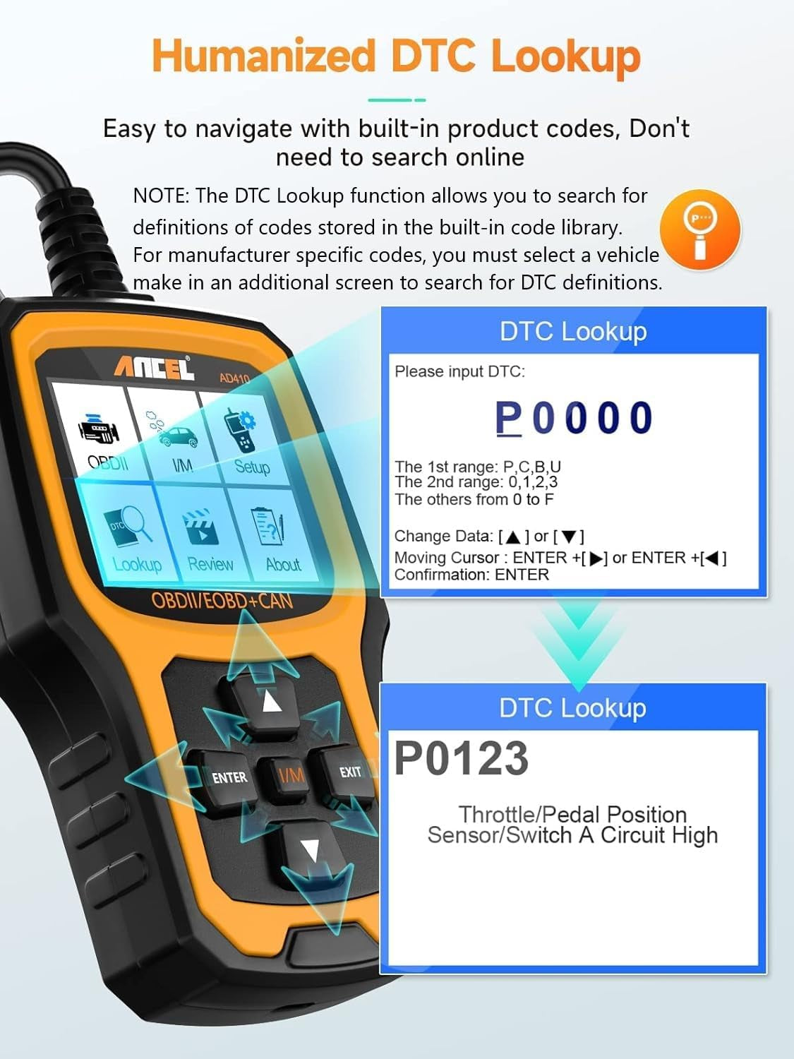 AD410 Enhanced OBD2 Scanner, Vehicle Code Reader for Check Engine Light, Automotive OBD II Scanner Fault Diagnosis, OBDII Scan Tool for All OBDII Cars 1996+, Black/Yellow