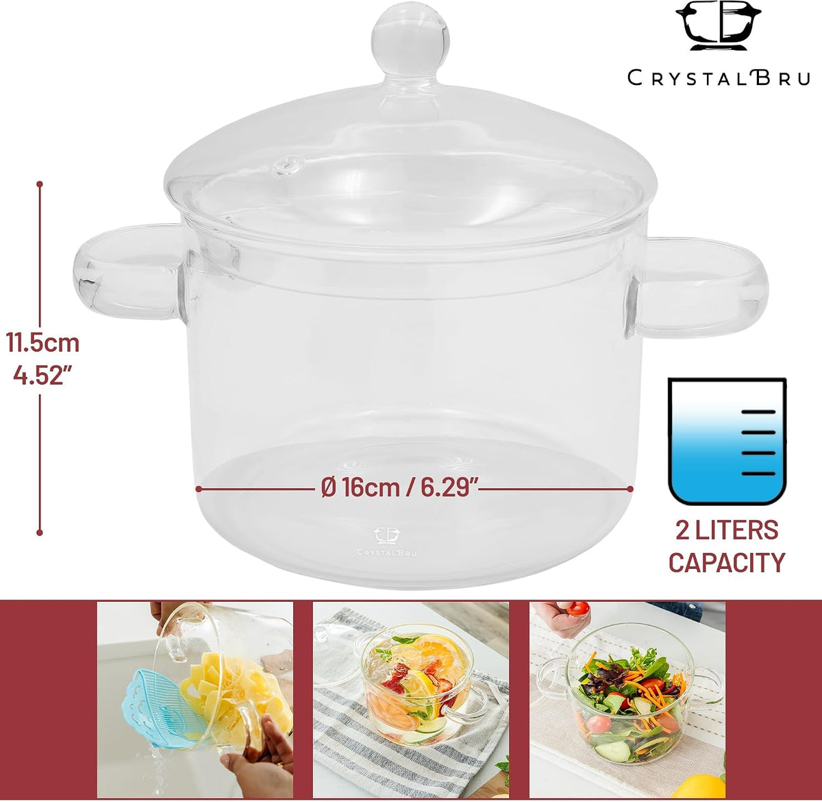 2L Clear Glass Simmer Pot with Lid & Strainer | Heat-Resistant Borosilicate Glass Pot for Potpourri | Simmer Pot for Home Fragrance | Glass Pots for Cooking on Stove | Anti-Scald Handles