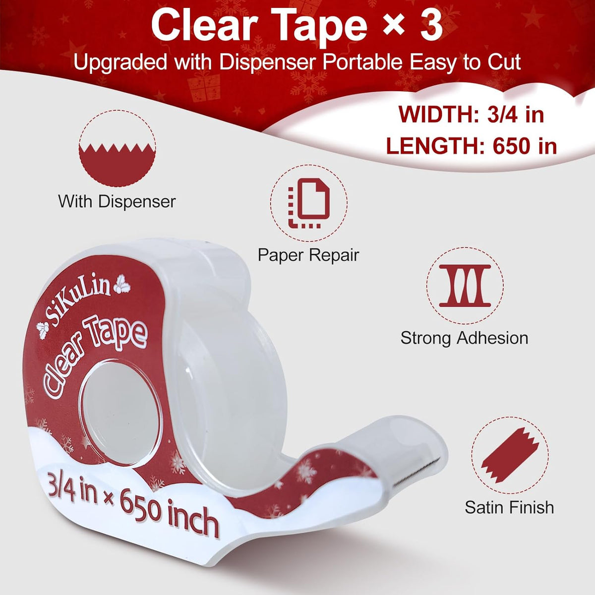 Tape,Gift Wrapping Tape, 6 Rolls with Dispensers, Includes Invisible, Double-Sided and Clear Tape for Wrapping Paper, Back to School, Home, Office, Christmas, Holiday