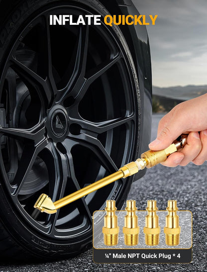 2 Pack Heavy Duty Air Chuck Set-1/4 Inch Female NPT Closed Ball Tire Chuck, Dual Head Air Chuck and Standard Male Quick Plug, Tire Air Fill Kit for Tire Inflator Gauge and Air Compressor