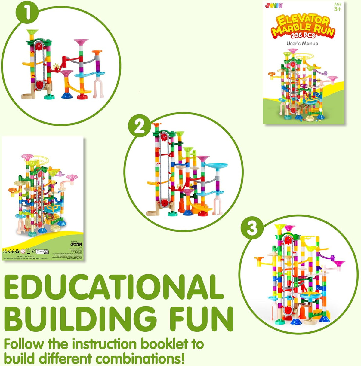 236Pcs Glowing Marble Run with Motorized Elevator- Construction Building Blocks Toys with 30 Glow in the Dark Plastic Marbles, STEM Toy for Boys and Girls, Christmas Birthday Gifts