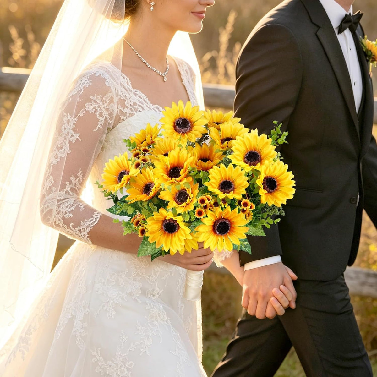 Artificial Sunflowers for Outdoors Fall Decor, 2 Bouquets