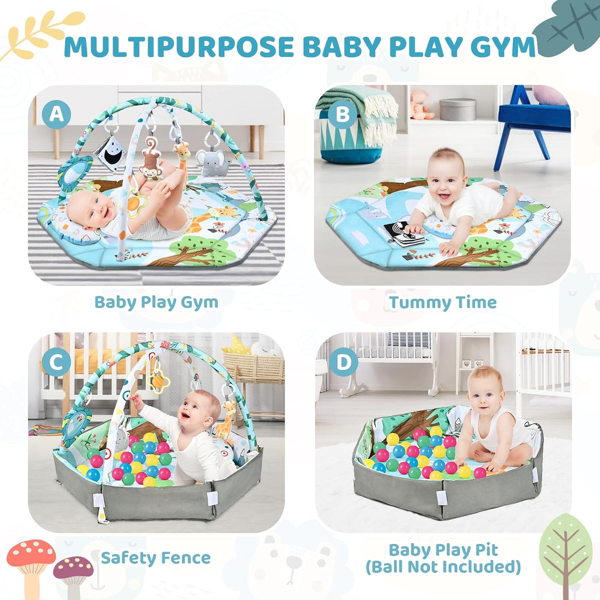 Baby Gym Play Mat, 8-In-1 Tummy Time Mat & Ball Pit with 6 Toys, Washable Baby Activity Play Mat for Visual, Hearing, Sensory, Motor Development, Baby Toys Gift for Toddler Infant 0-3-6-9-12 Months